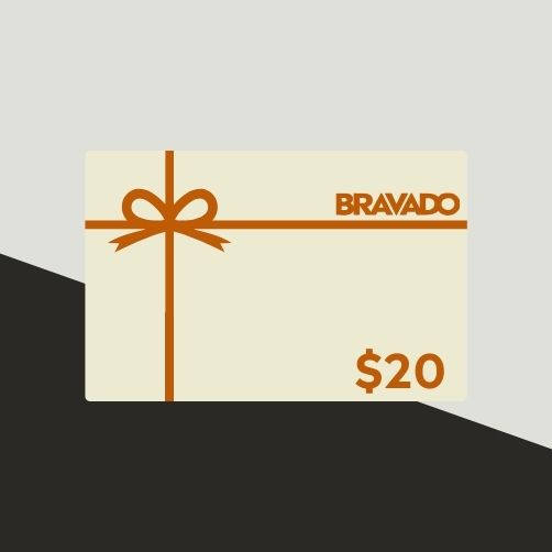 Bravado Spice "$20" gift card in cream with brown ribbon for award-winning hot sauce and cocktail mixer sets.