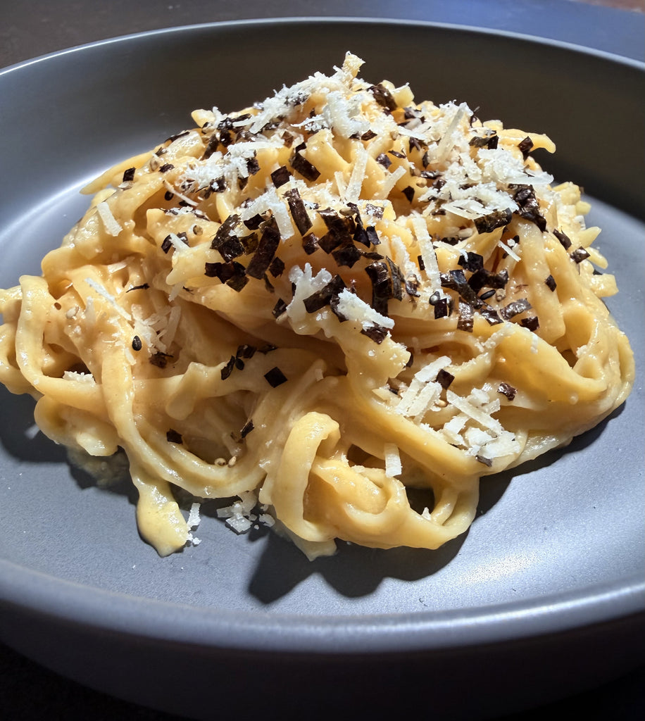 photo of miso buttered noodles with Bravado Spice Aka Miso Hot Sauce