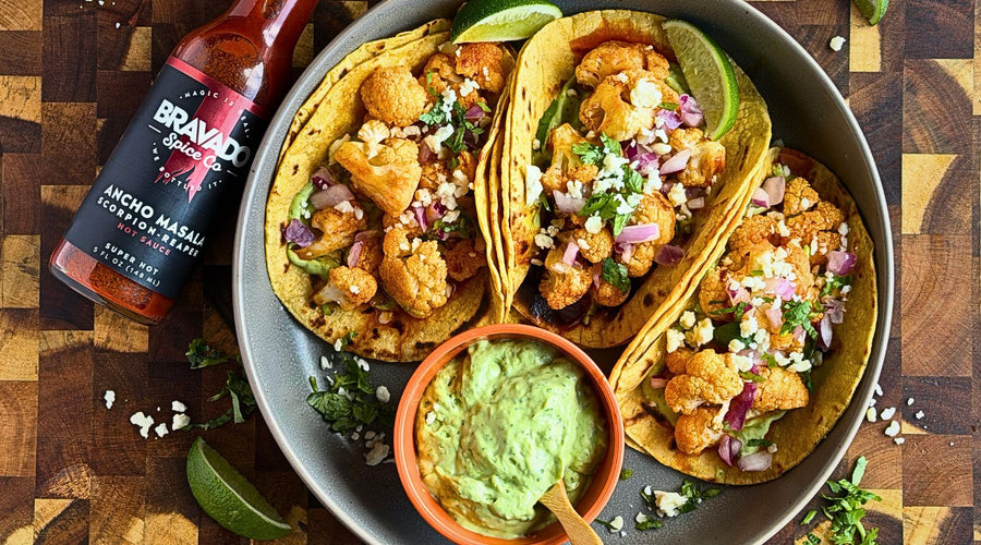 Caramelized Ancho Masala Cauliflower Tacos with Whipped Avocado Crema
