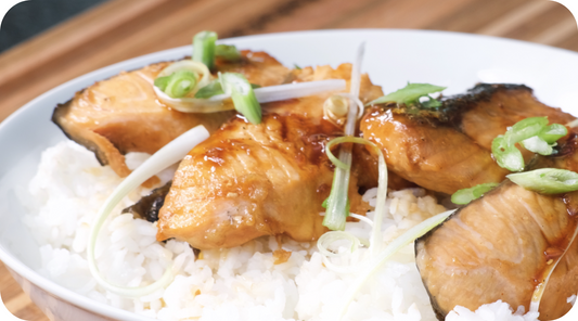 teriyaki salmon over bed of white rice