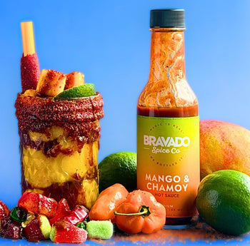 Bravado Spice Co Mango & Chamoy hot sauce with fresh mangoes, chilies, habanero peppers, and lime.
