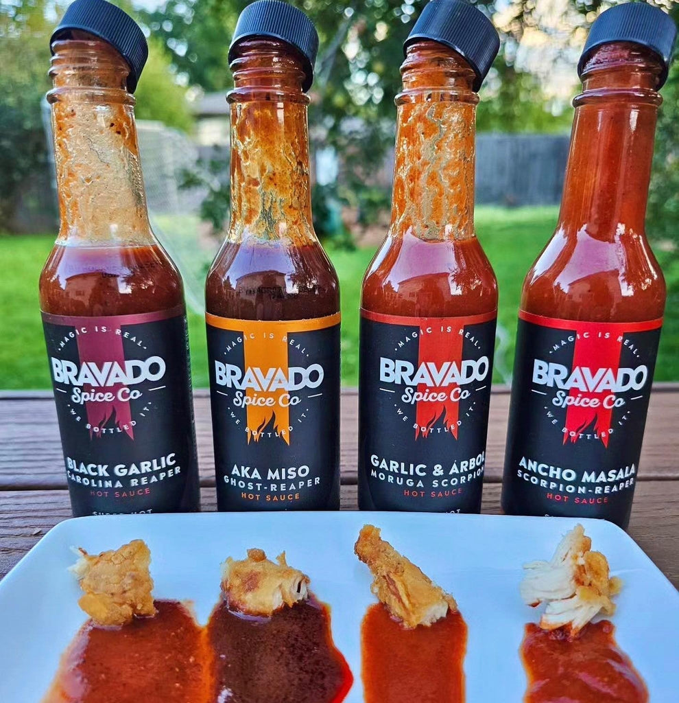 Exotic range of hot sauces at Bravado Spice Co, showcasing their texture.
