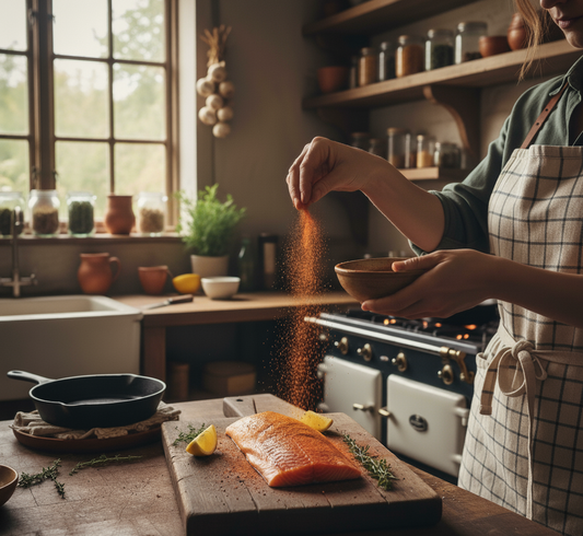 A person in a rustic kitchen sprinkles Bravado’s blackening seasoning onto a salmon fillet on a wooden cutting board.