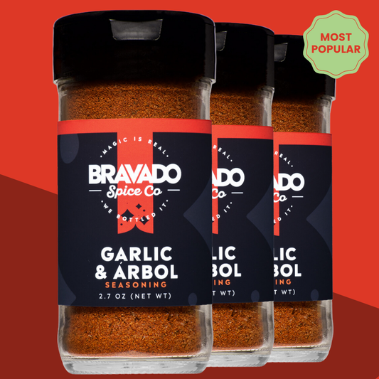 Bravado Spice Co Garlic & Arbol Seasoning labeled "Most Popular" - all-purpose Mexican seasoning blend in 2.7 oz bottles.