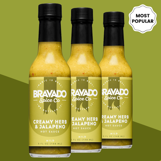 Bravado Spice Co Creamy Herb & Jalapeno Hot Sauce labeled "Most Popular" and "Mild" - creamy jalapeno hot sauce in 5 oz bottles.