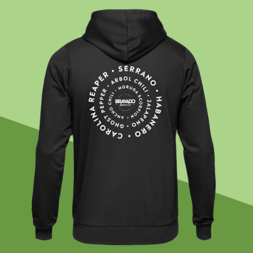 Black hoodie with white text on the back against a green background
