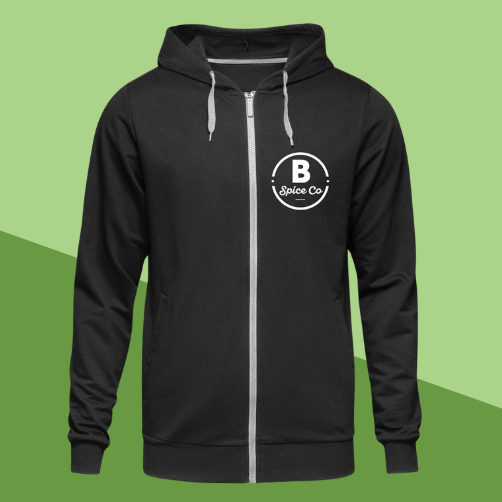 Black hoodie with a white logo on a green background
