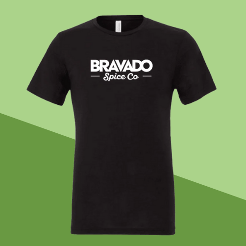 Black t-shirt with 'Bravado Spice Co' logo on a green background